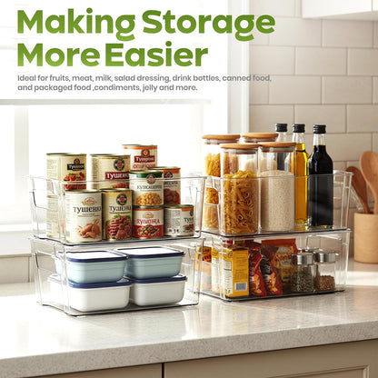 Fridge & Refrigerator Organizer Bins (8 Pack), Clear Stackable Durable Plastic Storage Containers with Easy Grip Handles for Pantry, Kitchen Cabinets & Countertops (8)