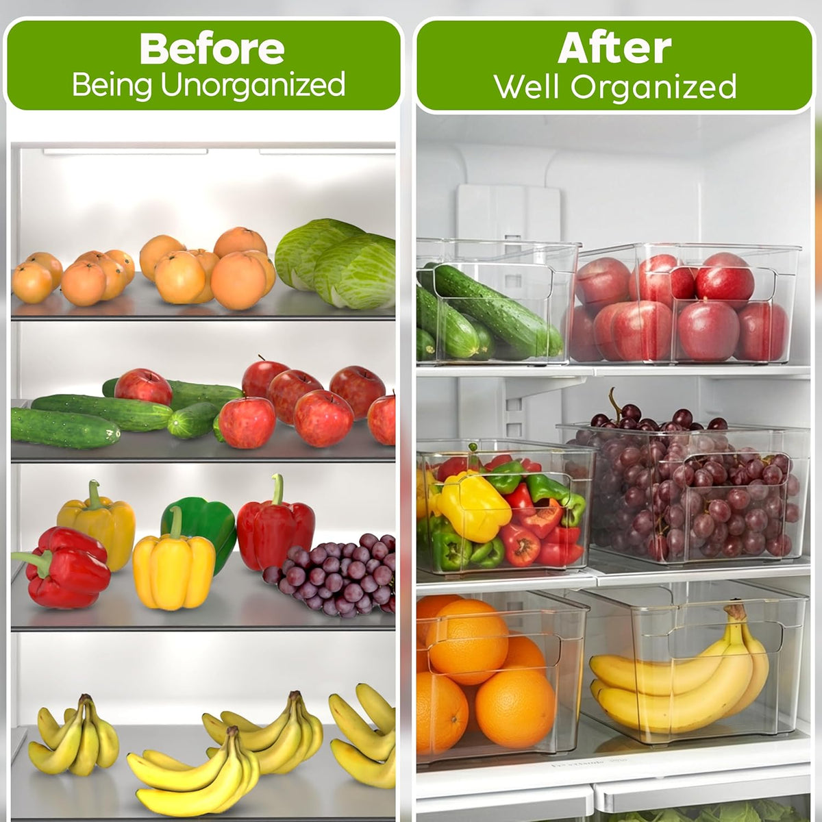 Fridge & Refrigerator Organizer Bins (8 Pack), Clear Stackable Durable Plastic Storage Containers with Easy Grip Handles for Pantry, Kitchen Cabinets & Countertops (8)