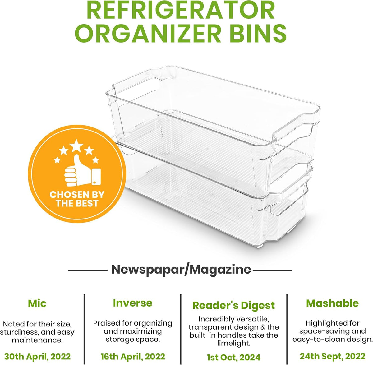 Fridge & Refrigerator Organizer Bins (8 Pack), Clear Stackable Durable Plastic Storage Containers with Easy Grip Handles for Pantry, Kitchen Cabinets & Countertops (8)