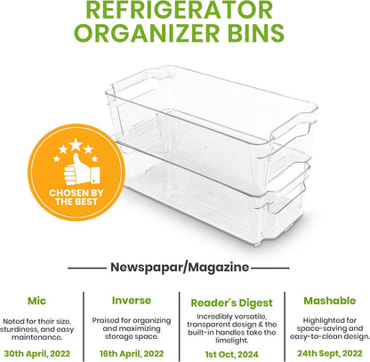 Fridge & Refrigerator Organizer Bins (8 Pack), Clear Stackable Durable Plastic Storage Containers with Easy Grip Handles for Pantry, Kitchen Cabinets & Countertops (8)