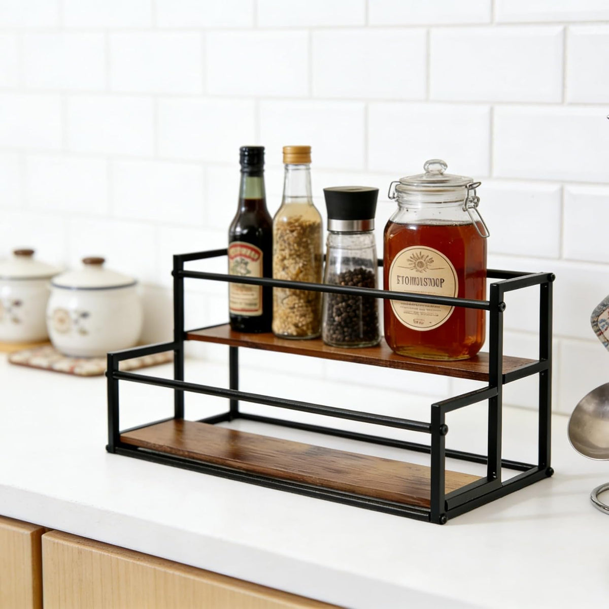 Coffee Syrup Rack Organizer -2 Tier 10 Syrup Bottles Holder Stand for Coffee Bar Kitchen Countertop,Stepped Display Shelf for Spices, Jars, Dressing Freestanding Storage Shelves Rustic Small Wine Rack