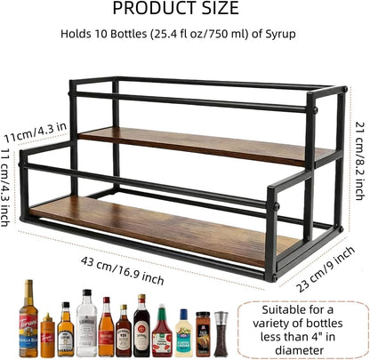 Coffee Syrup Rack Organizer -2 Tier 10 Syrup Bottles Holder Stand for Coffee Bar Kitchen Countertop,Stepped Display Shelf for Spices, Jars, Dressing Freestanding Storage Shelves Rustic Small Wine Rack