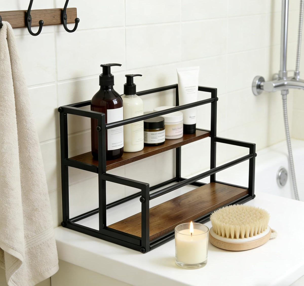 Coffee Syrup Rack Organizer -2 Tier 10 Syrup Bottles Holder Stand for Coffee Bar Kitchen Countertop,Stepped Display Shelf for Spices, Jars, Dressing Freestanding Storage Shelves Rustic Small Wine Rack