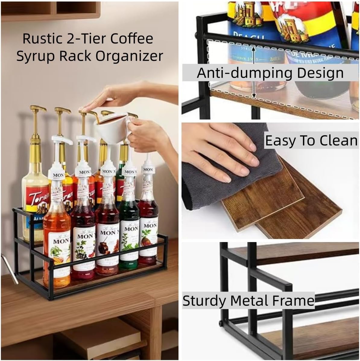 Coffee Syrup Rack Organizer -2 Tier 10 Syrup Bottles Holder Stand for Coffee Bar Kitchen Countertop,Stepped Display Shelf for Spices, Jars, Dressing Freestanding Storage Shelves Rustic Small Wine Rack