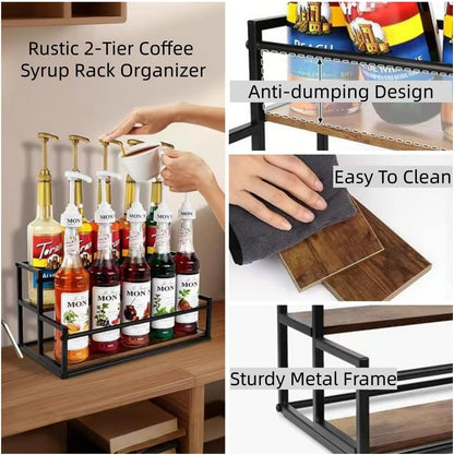 Coffee Syrup Rack Organizer -2 Tier 10 Syrup Bottles Holder Stand for Coffee Bar Kitchen Countertop,Stepped Display Shelf for Spices, Jars, Dressing Freestanding Storage Shelves Rustic Small Wine Rack