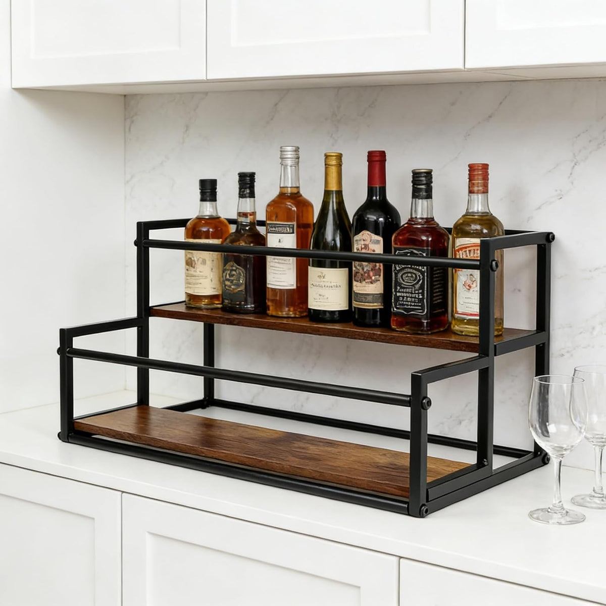 Coffee Syrup Rack Organizer -2 Tier 10 Syrup Bottles Holder Stand for Coffee Bar Kitchen Countertop,Stepped Display Shelf for Spices, Jars, Dressing Freestanding Storage Shelves Rustic Small Wine Rack