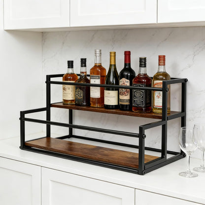 Coffee Syrup Rack Organizer -2 Tier 10 Syrup Bottles Holder Stand for Coffee Bar Kitchen Countertop,Stepped Display Shelf for Spices, Jars, Dressing Freestanding Storage Shelves Rustic Small Wine Rack
