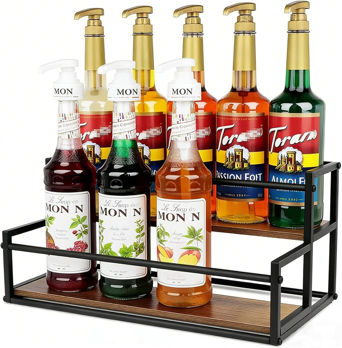 Coffee Syrup Rack Organizer -2 Tier 10 Syrup Bottles Holder Stand for Coffee Bar Kitchen Countertop,Stepped Display Shelf for Spices, Jars, Dressing Freestanding Storage Shelves Rustic Small Wine Rack