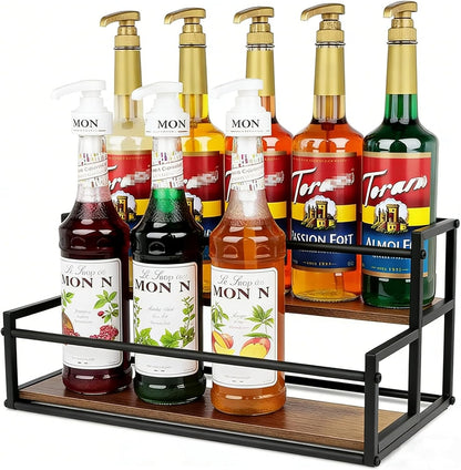 Coffee Syrup Rack Organizer -2 Tier 10 Syrup Bottles Holder Stand for Coffee Bar Kitchen Countertop,Stepped Display Shelf for Spices, Jars, Dressing Freestanding Storage Shelves Rustic Small Wine Rack