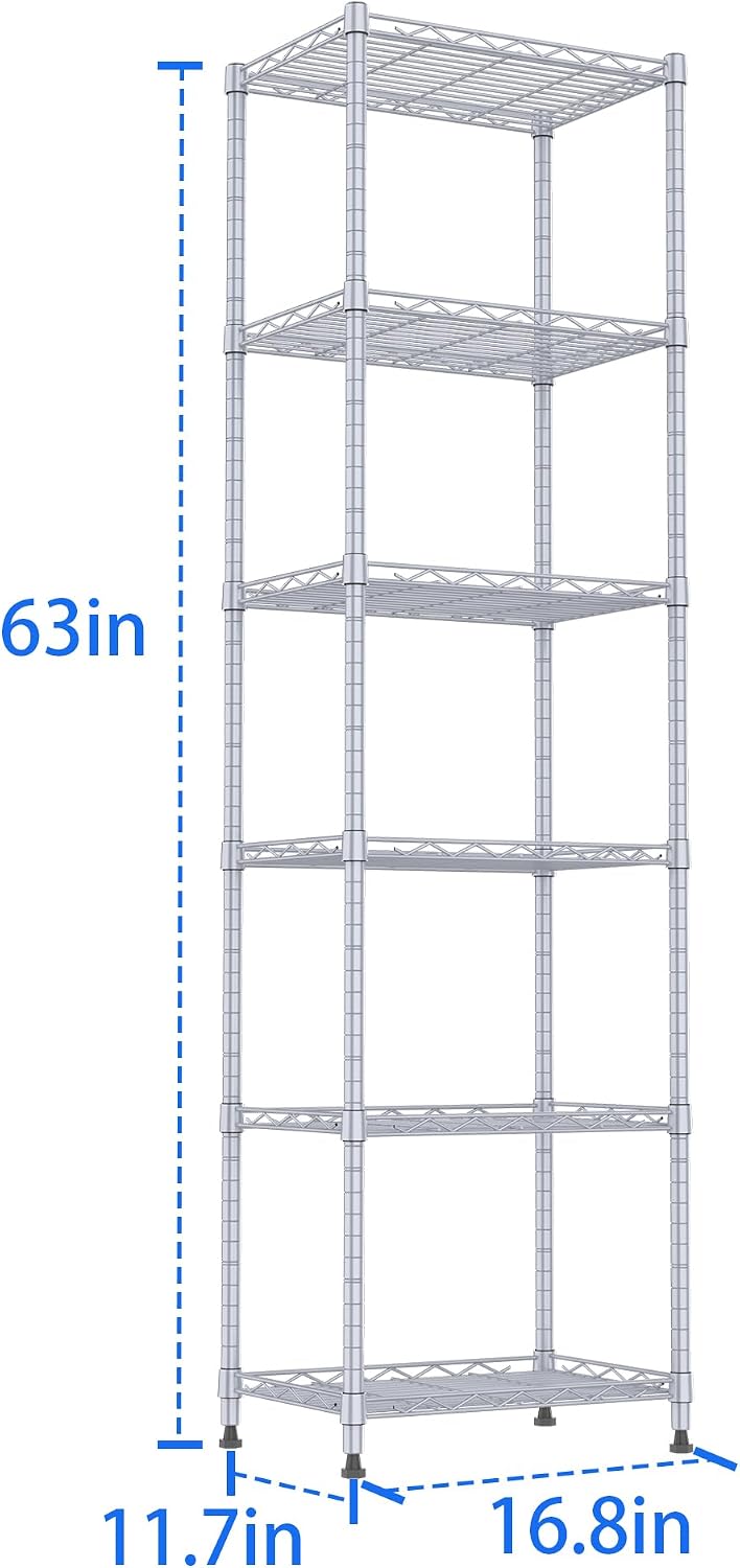 6 Wire Shelving Steel Storage Rack Adjustable Unit Shelves for Laundry Bathroom Kitchen Pantry Closet(Silver, 11.7" D x 16.8" W x 63" H)