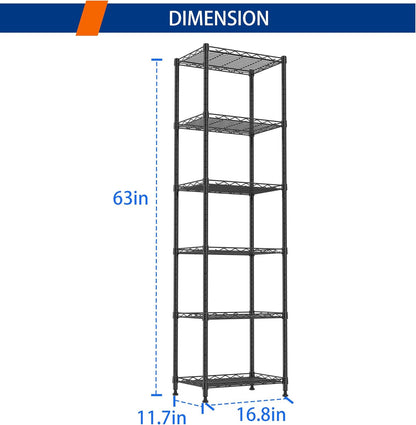 6 Wire Shelving Steel Storage Rack Adjustable Unit Shelves for Laundry Bathroom Kitchen Pantry Closet(Silver, 11.7" D x 16.8" W x 63" H)