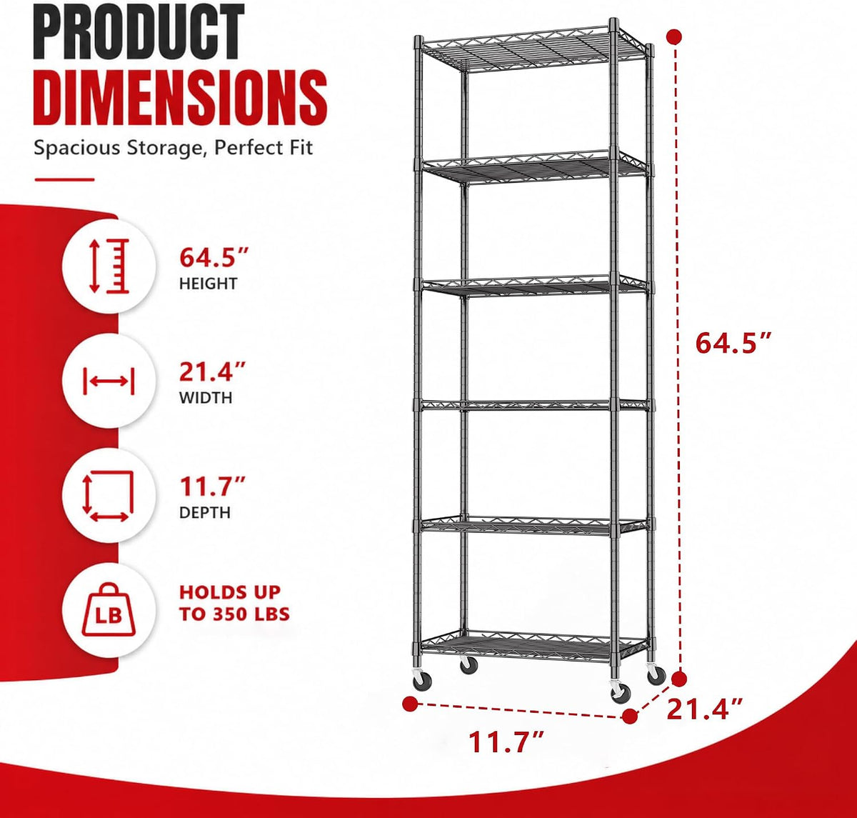 6 Wire Shelving Steel Storage Rack Adjustable Unit Shelves for Laundry Bathroom Kitchen Pantry Closet(Silver, 11.7" D x 16.8" W x 63" H)