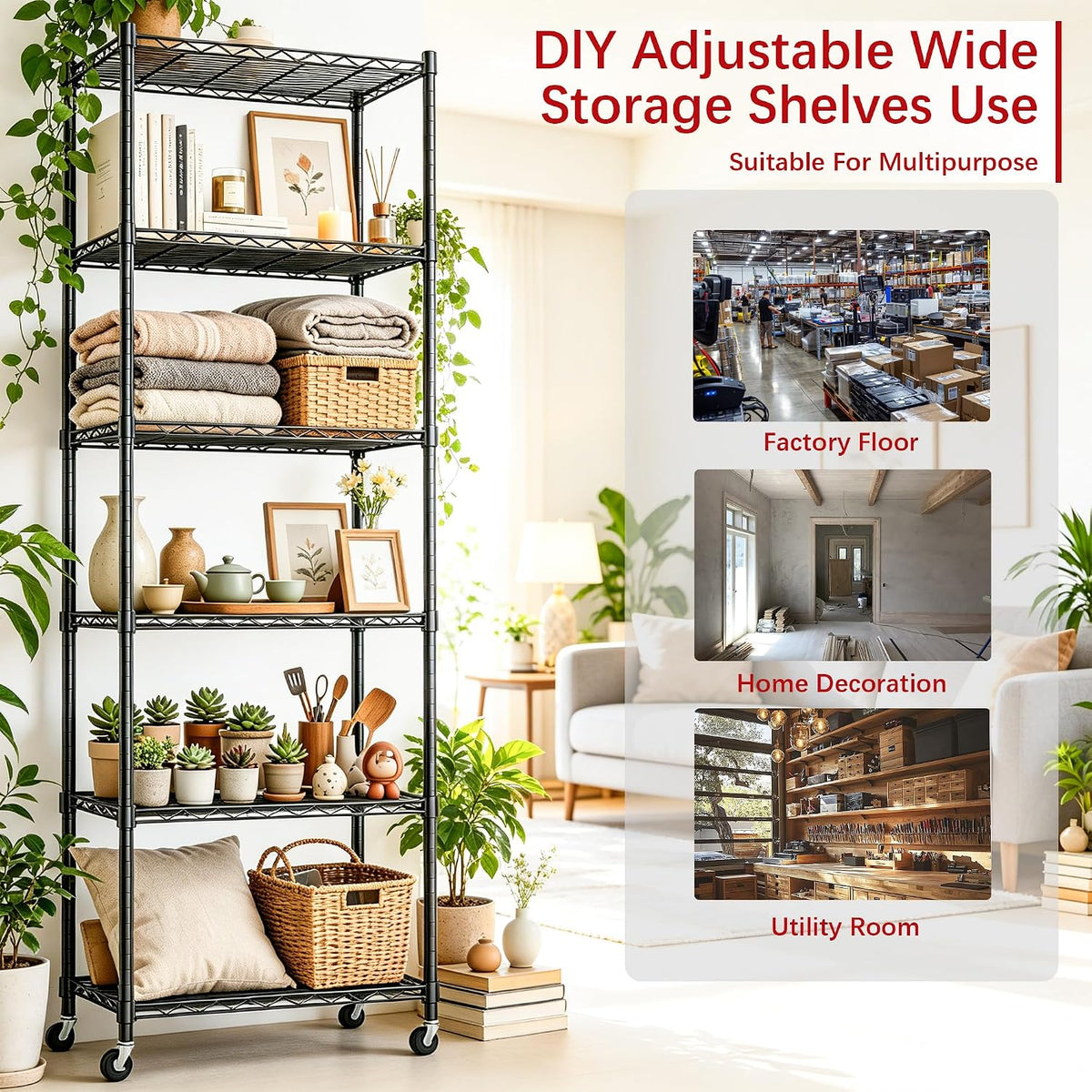 6 Wire Shelving Steel Storage Rack Adjustable Unit Shelves for Laundry Bathroom Kitchen Pantry Closet(Silver, 11.7" D x 16.8" W x 63" H)