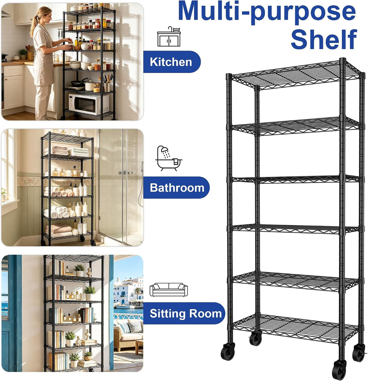 6 Wire Shelving Steel Storage Rack Adjustable Unit Shelves for Laundry Bathroom Kitchen Pantry Closet(Silver, 11.7" D x 16.8" W x 63" H)