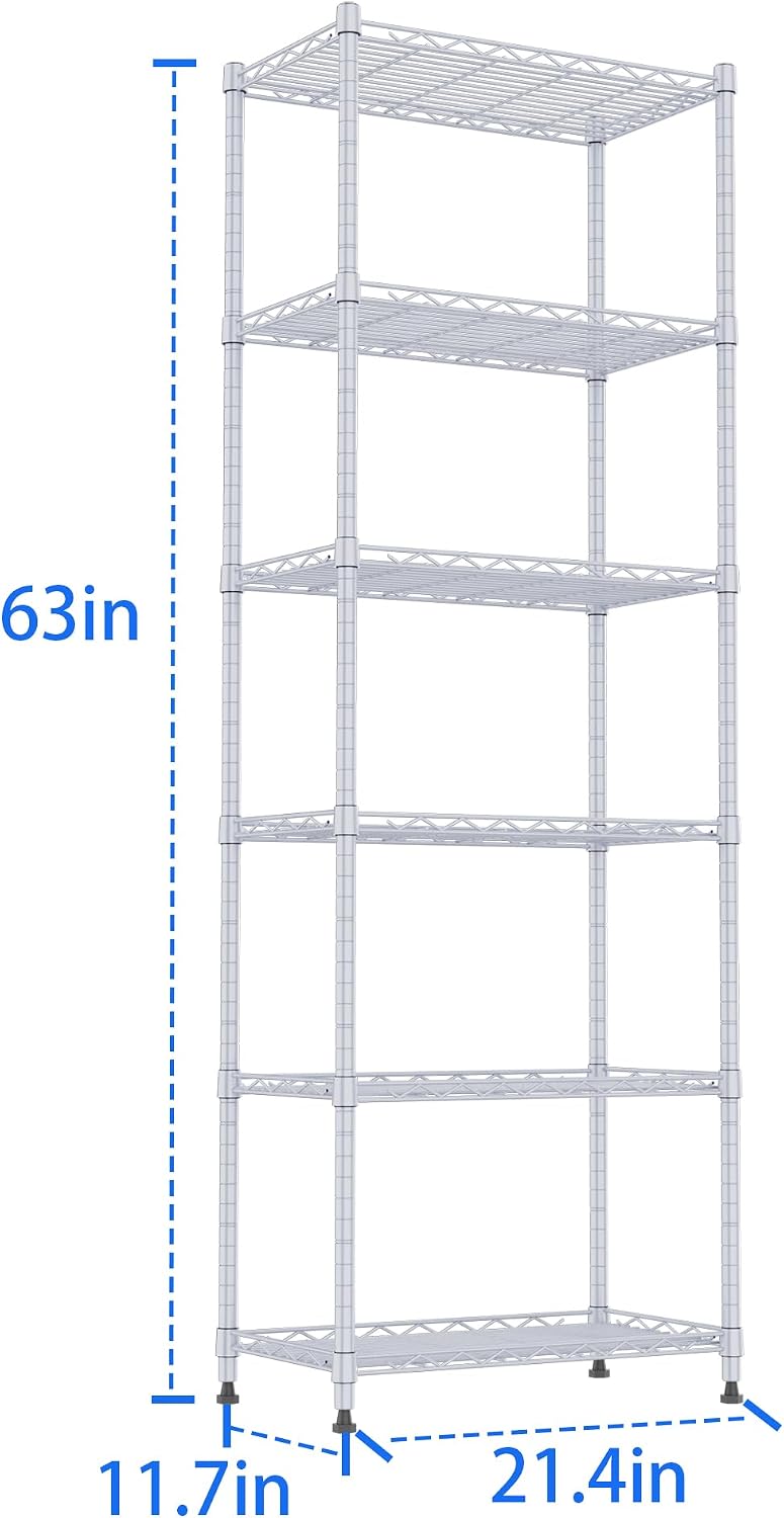 6 Wire Shelving Steel Storage Rack Adjustable Unit Shelves for Laundry Bathroom Kitchen Pantry Closet(Silver, 11.7" D x 16.8" W x 63" H)