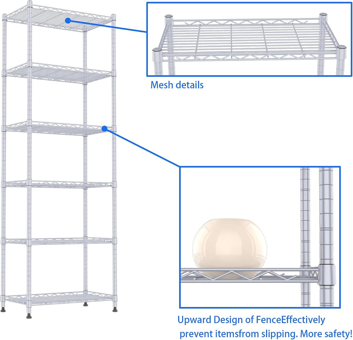 6 Wire Shelving Steel Storage Rack Adjustable Unit Shelves for Laundry Bathroom Kitchen Pantry Closet(Silver, 11.7" D x 16.8" W x 63" H)