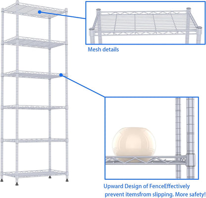 6 Wire Shelving Steel Storage Rack Adjustable Unit Shelves for Laundry Bathroom Kitchen Pantry Closet(Silver, 11.7" D x 16.8" W x 63" H)