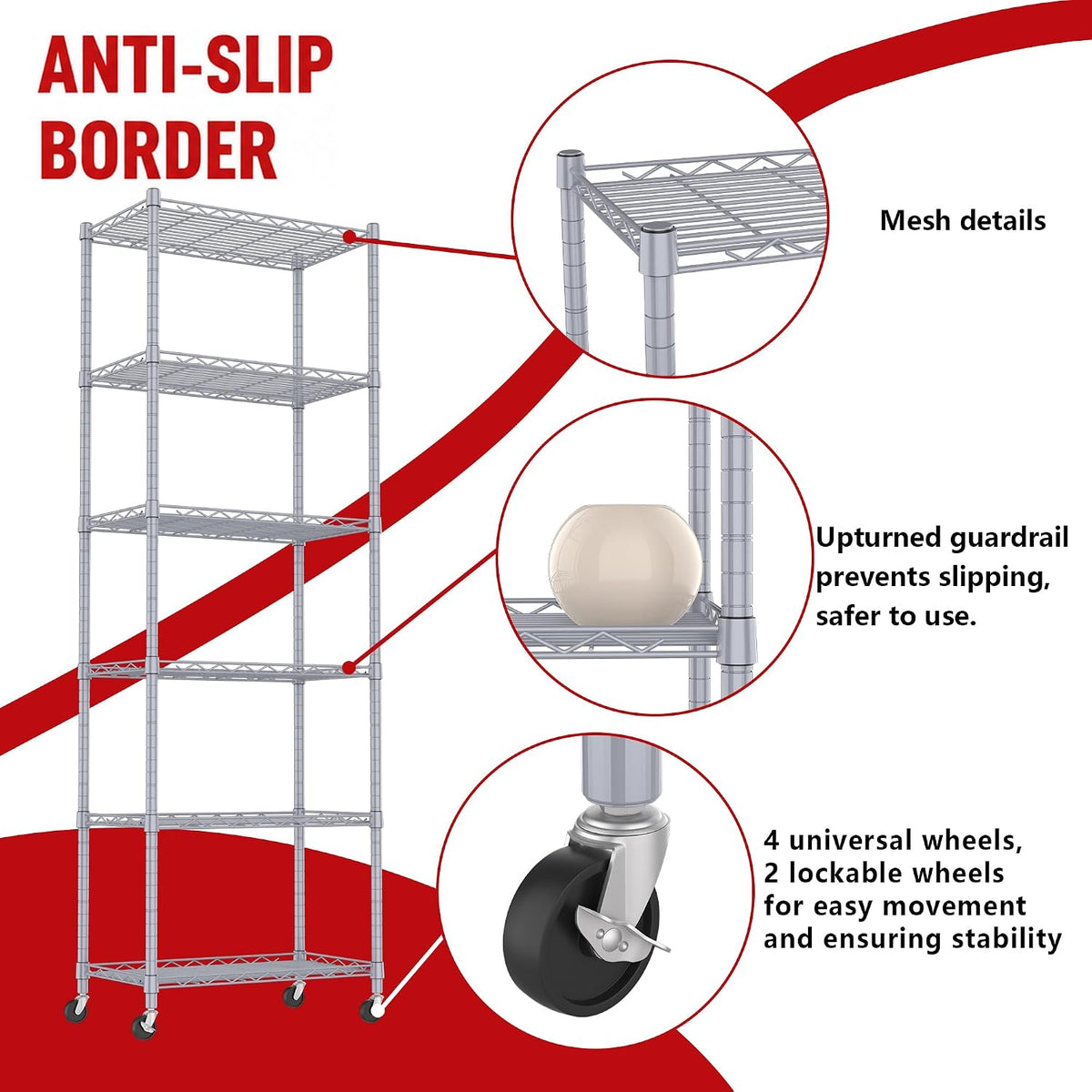 6 Wire Shelving Steel Storage Rack Adjustable Unit Shelves for Laundry Bathroom Kitchen Pantry Closet(Silver, 11.7" D x 16.8" W x 63" H)
