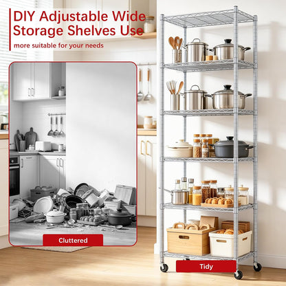 6 Wire Shelving Steel Storage Rack Adjustable Unit Shelves for Laundry Bathroom Kitchen Pantry Closet(Silver, 11.7" D x 16.8" W x 63" H)