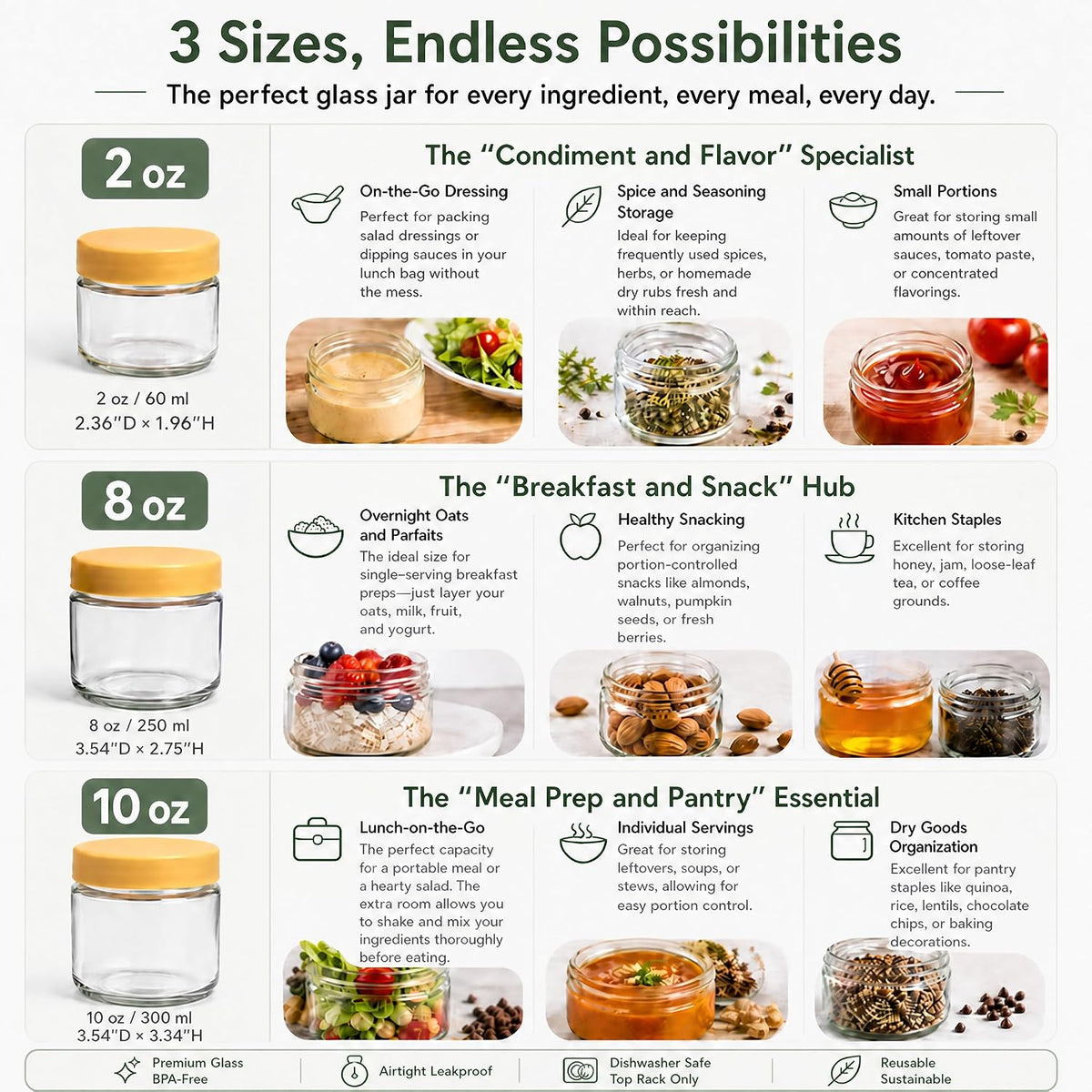 2 oz Glass Dressing Containers With Lids, Sauce Jars for Lunch, 6pk
