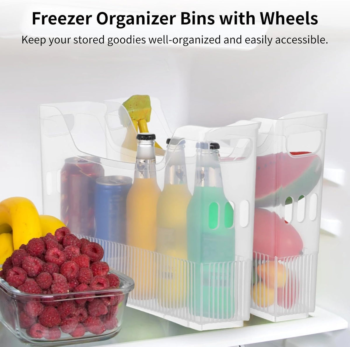 6 Pcs Freezer Drawer Organizer Bins - Clear Plastic Pantry Organizers with Wheels, Tall Narrow Kitchen Organization Rolling Freezer Bins for Bottom Freezer, Storage Containers for Home, Office