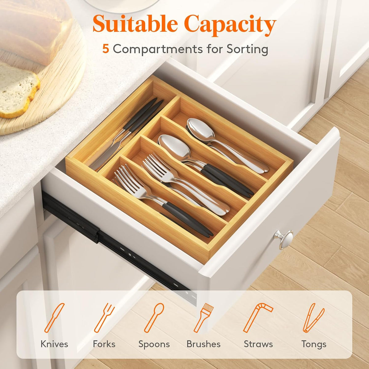 Bamboo Silverware Tray for Drawer, 6.7 x 12