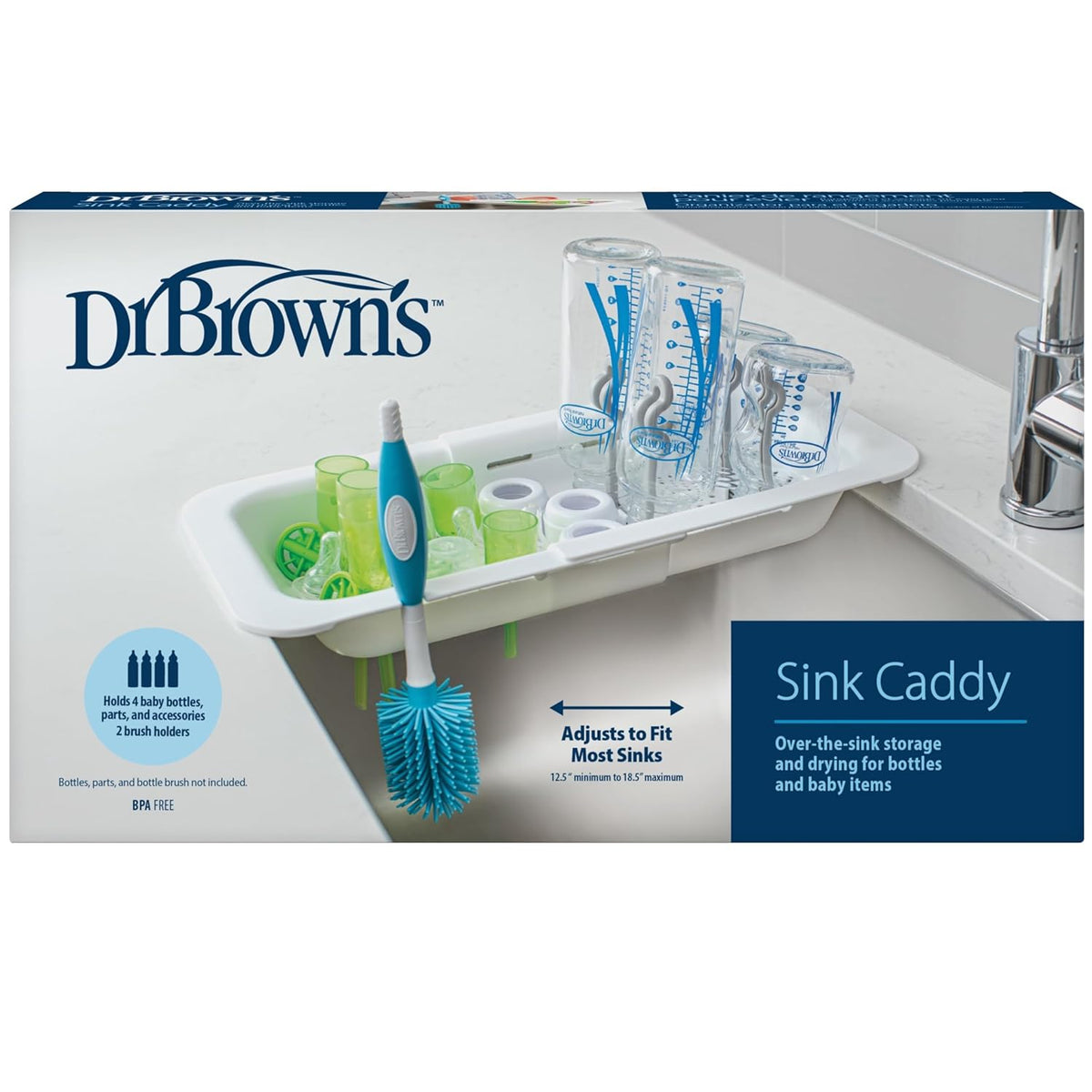 Sink Caddy for Baby Bottles and Parts with Two Brush Holders, Over The Sink Kitchen Storage, Drying Rack, and Organizer, BPA-Free