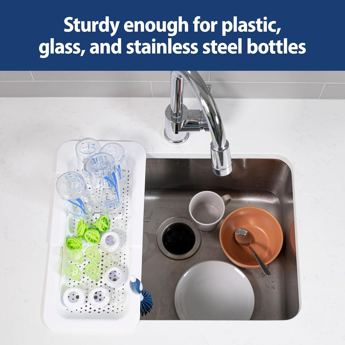 Sink Caddy for Baby Bottles and Parts with Two Brush Holders, Over The Sink Kitchen Storage, Drying Rack, and Organizer, BPA-Free