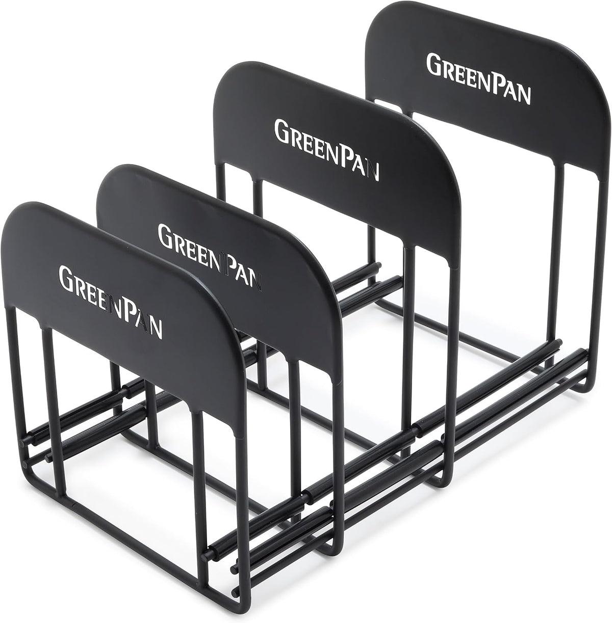 Stainless Steel Wire Cookware Storage Rack, 5 Frying Pan Compartments, Countertop or Cabinent Organizer, Minimizes Clutter, Fast Drying, Wipes Clean, Black