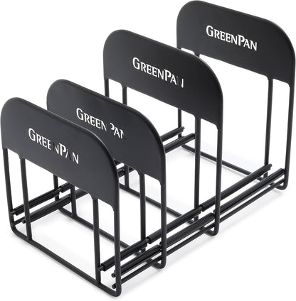 Stainless Steel Wire Cookware Storage Rack, 5 Frying Pan Compartments, Countertop or Cabinent Organizer, Minimizes Clutter, Fast Drying, Wipes Clean, Black