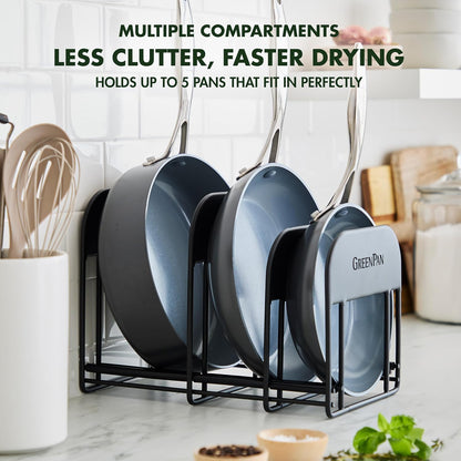 Stainless Steel Wire Cookware Storage Rack, 5 Frying Pan Compartments, Countertop or Cabinent Organizer, Minimizes Clutter, Fast Drying, Wipes Clean, Black