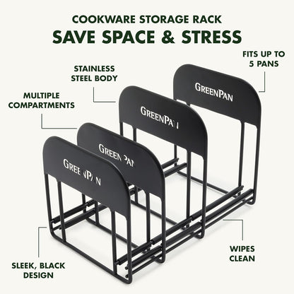 Stainless Steel Wire Cookware Storage Rack, 5 Frying Pan Compartments, Countertop or Cabinent Organizer, Minimizes Clutter, Fast Drying, Wipes Clean, Black