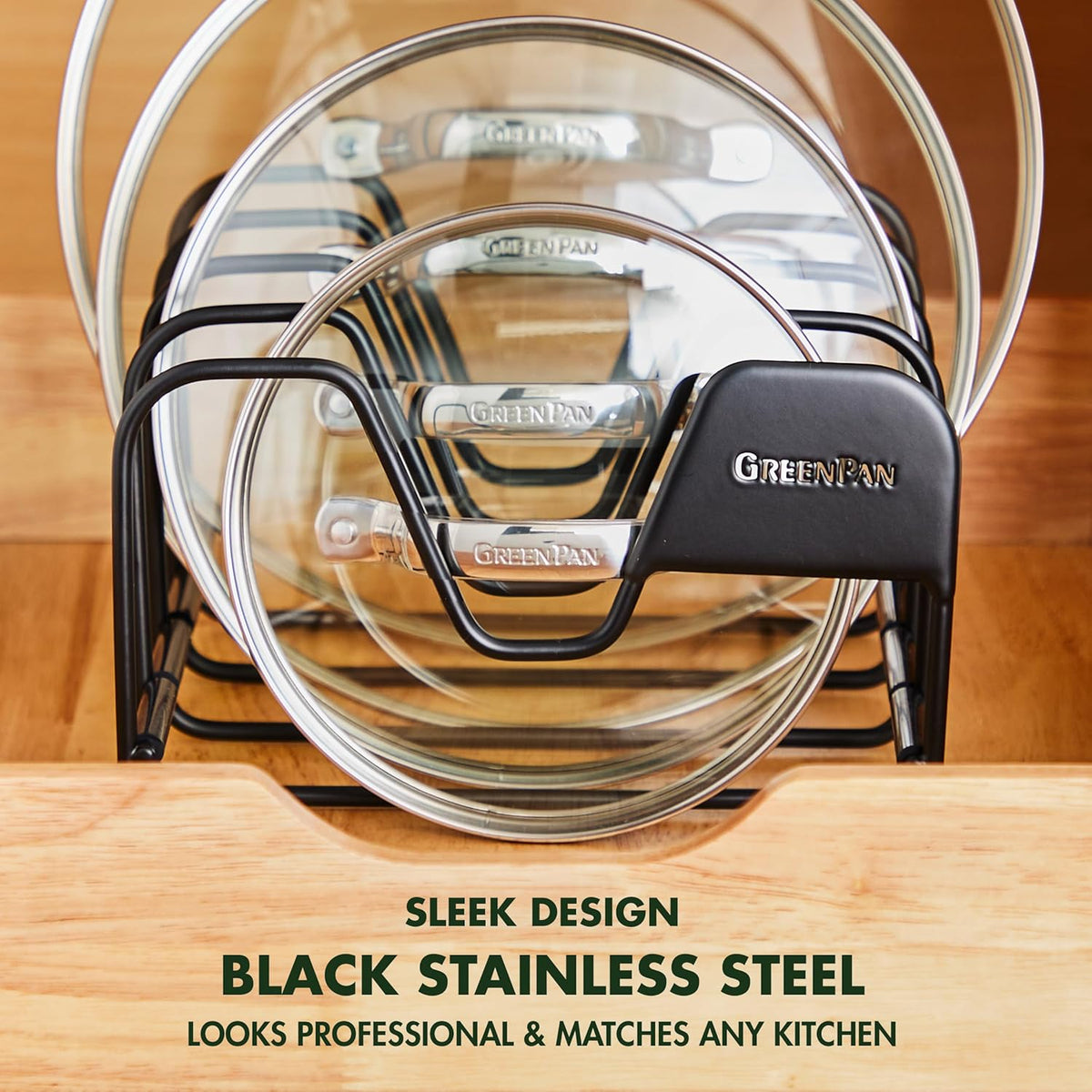 Stainless Steel Wire Cookware Storage Rack, 5 Frying Pan Compartments, Countertop or Cabinent Organizer, Minimizes Clutter, Fast Drying, Wipes Clean, Black