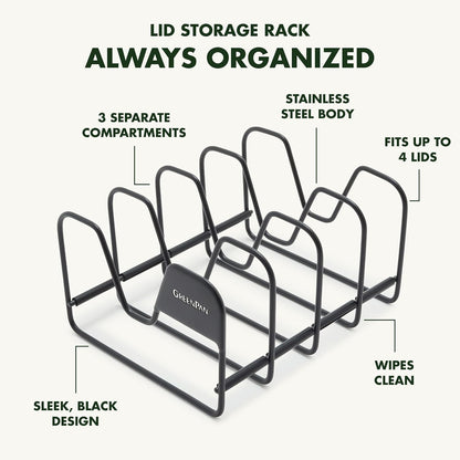 Stainless Steel Wire Cookware Storage Rack, 5 Frying Pan Compartments, Countertop or Cabinent Organizer, Minimizes Clutter, Fast Drying, Wipes Clean, Black