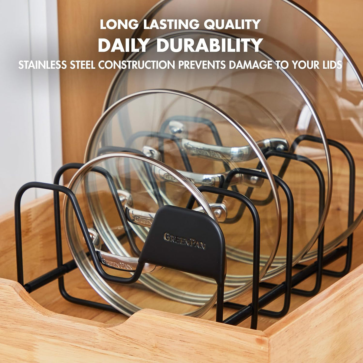Stainless Steel Wire Cookware Storage Rack, 5 Frying Pan Compartments, Countertop or Cabinent Organizer, Minimizes Clutter, Fast Drying, Wipes Clean, Black