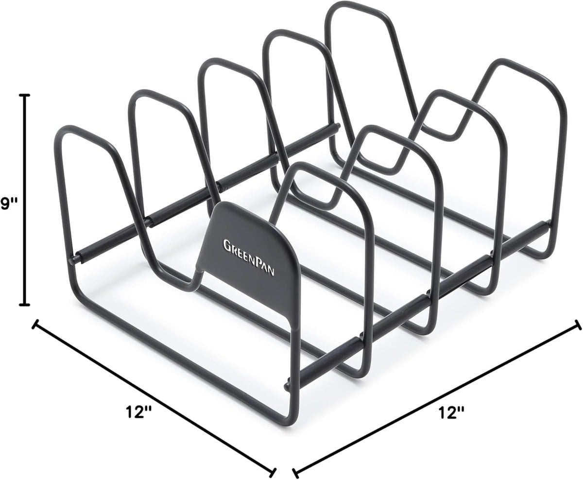 Stainless Steel Wire Cookware Storage Rack, 5 Frying Pan Compartments, Countertop or Cabinent Organizer, Minimizes Clutter, Fast Drying, Wipes Clean, Black