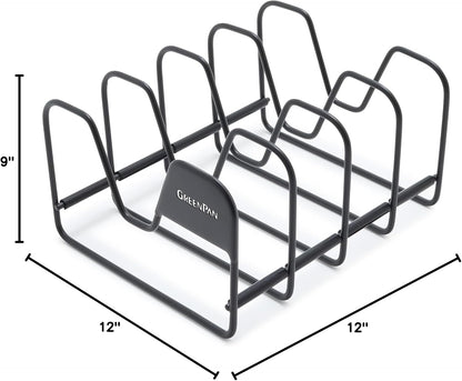 Stainless Steel Wire Cookware Storage Rack, 5 Frying Pan Compartments, Countertop or Cabinent Organizer, Minimizes Clutter, Fast Drying, Wipes Clean, Black