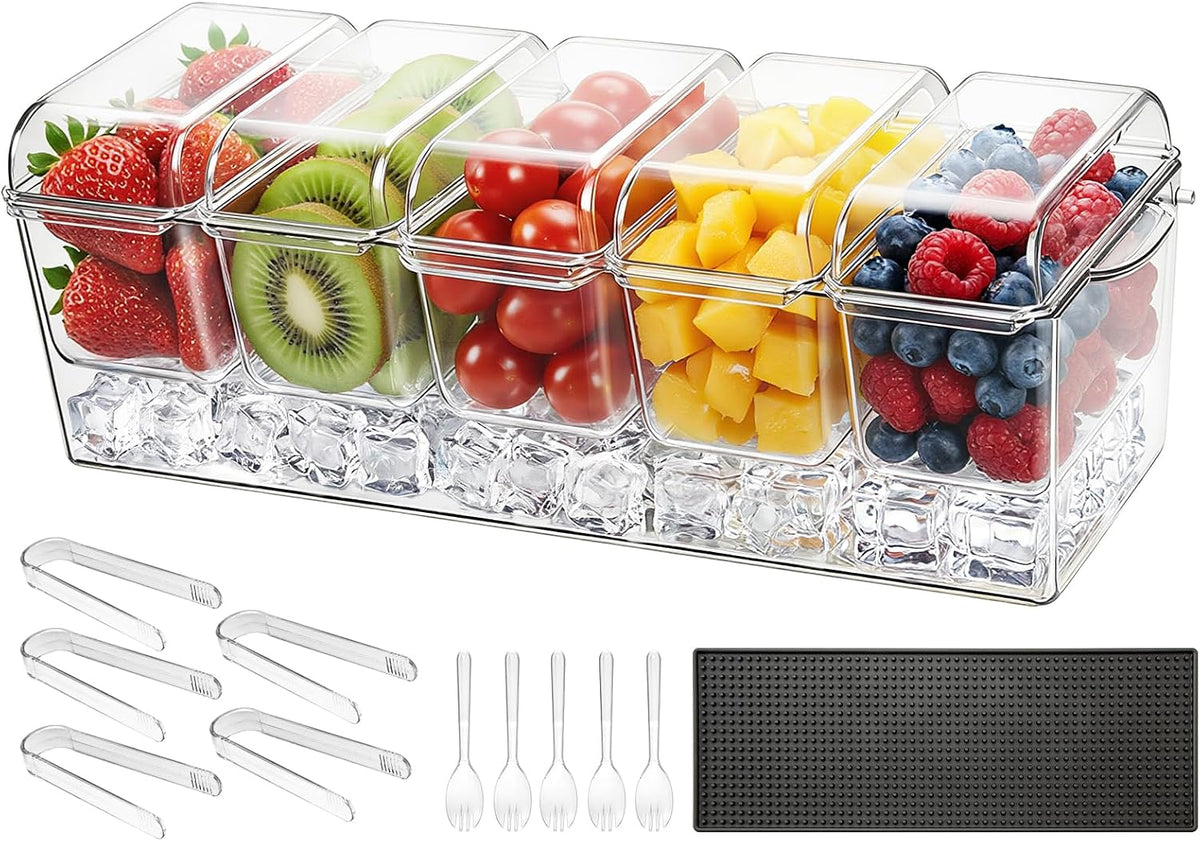 Chilled Condiment Server Caddy, 5 Compartment Ice Cooled Serving Container, Plastic Fruit Garnish Tray Platter with Lid, for Taco Salad Bar Accessories, Party Home Restaurant Supplies