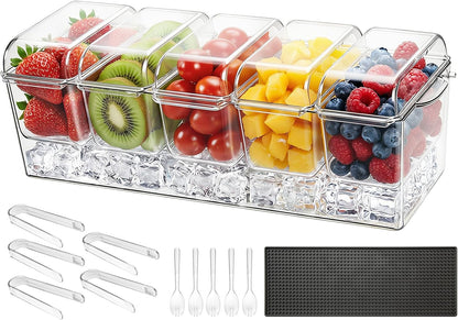 Chilled Condiment Server Caddy, 5 Compartment Ice Cooled Serving Container, Plastic Fruit Garnish Tray Platter with Lid, for Taco Salad Bar Accessories, Party Home Restaurant Supplies