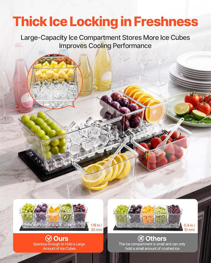 Chilled Condiment Server Caddy, 5 Compartment Ice Cooled Serving Container, Plastic Fruit Garnish Tray Platter with Lid, for Taco Salad Bar Accessories, Party Home Restaurant Supplies