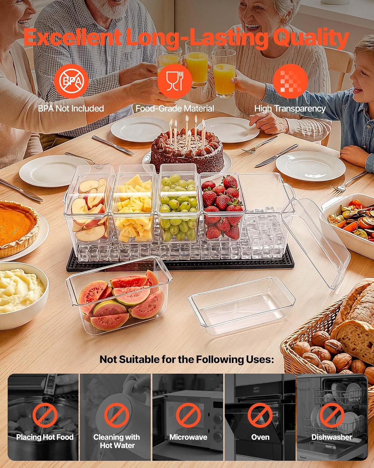 Chilled Condiment Server Caddy, 5 Compartment Ice Cooled Serving Container, Plastic Fruit Garnish Tray Platter with Lid, for Taco Salad Bar Accessories, Party Home Restaurant Supplies