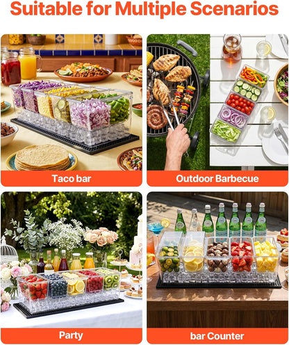 Chilled Condiment Server Caddy, 5 Compartment Ice Cooled Serving Container, Plastic Fruit Garnish Tray Platter with Lid, for Taco Salad Bar Accessories, Party Home Restaurant Supplies