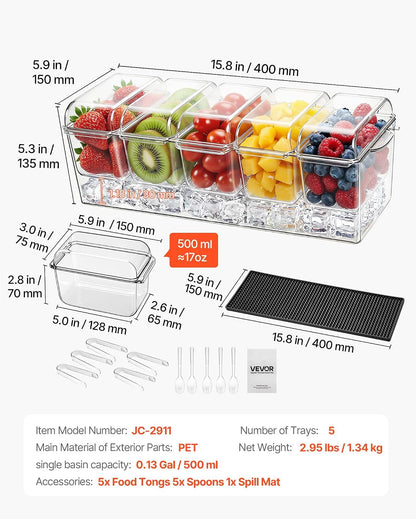 Chilled Condiment Server Caddy, 5 Compartment Ice Cooled Serving Container, Plastic Fruit Garnish Tray Platter with Lid, for Taco Salad Bar Accessories, Party Home Restaurant Supplies
