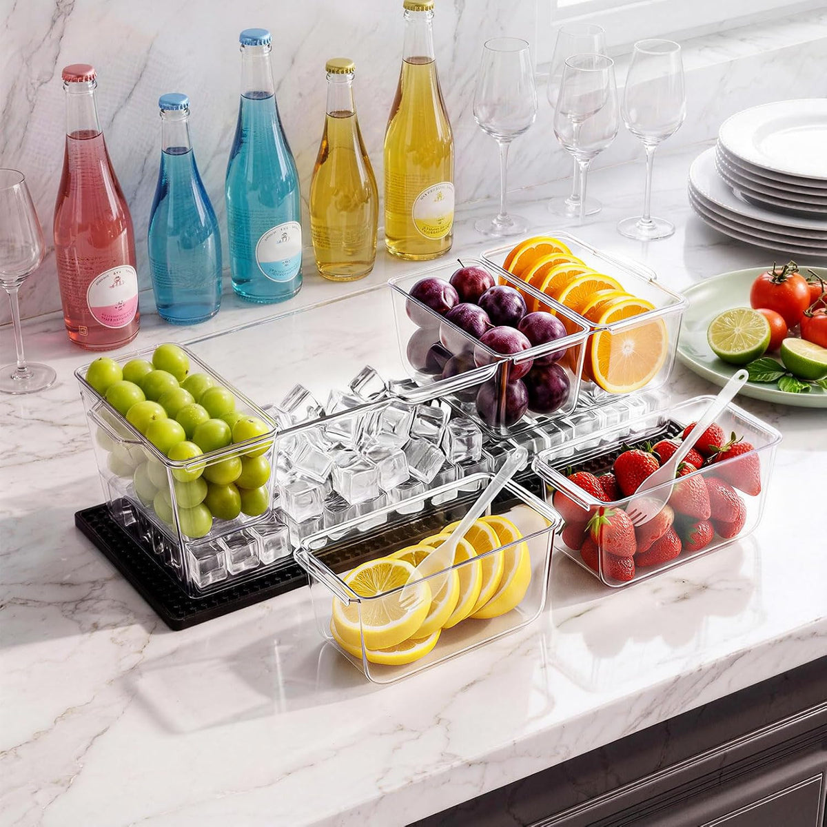 Chilled Condiment Server Caddy, 5 Compartment Ice Cooled Serving Container, Plastic Fruit Garnish Tray Platter with Lid, for Taco Salad Bar Accessories, Party Home Restaurant Supplies