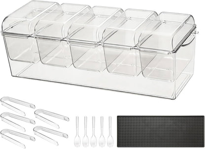 Chilled Condiment Server Caddy, 5 Compartment Ice Cooled Serving Container, Plastic Fruit Garnish Tray Platter with Lid, for Taco Salad Bar Accessories, Party Home Restaurant Supplies