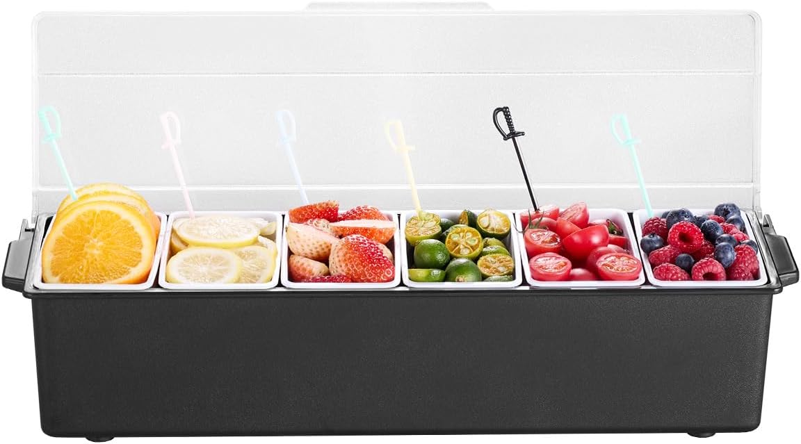 Chilled Condiment Server Caddy, 5 Compartment Ice Cooled Serving Container, Plastic Fruit Garnish Tray Platter with Lid, for Taco Salad Bar Accessories, Party Home Restaurant Supplies