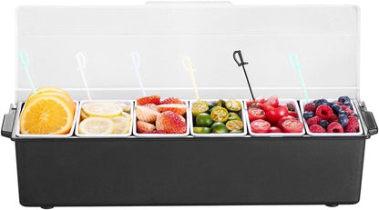 Chilled Condiment Server Caddy, 5 Compartment Ice Cooled Serving Container, Plastic Fruit Garnish Tray Platter with Lid, for Taco Salad Bar Accessories, Party Home Restaurant Supplies