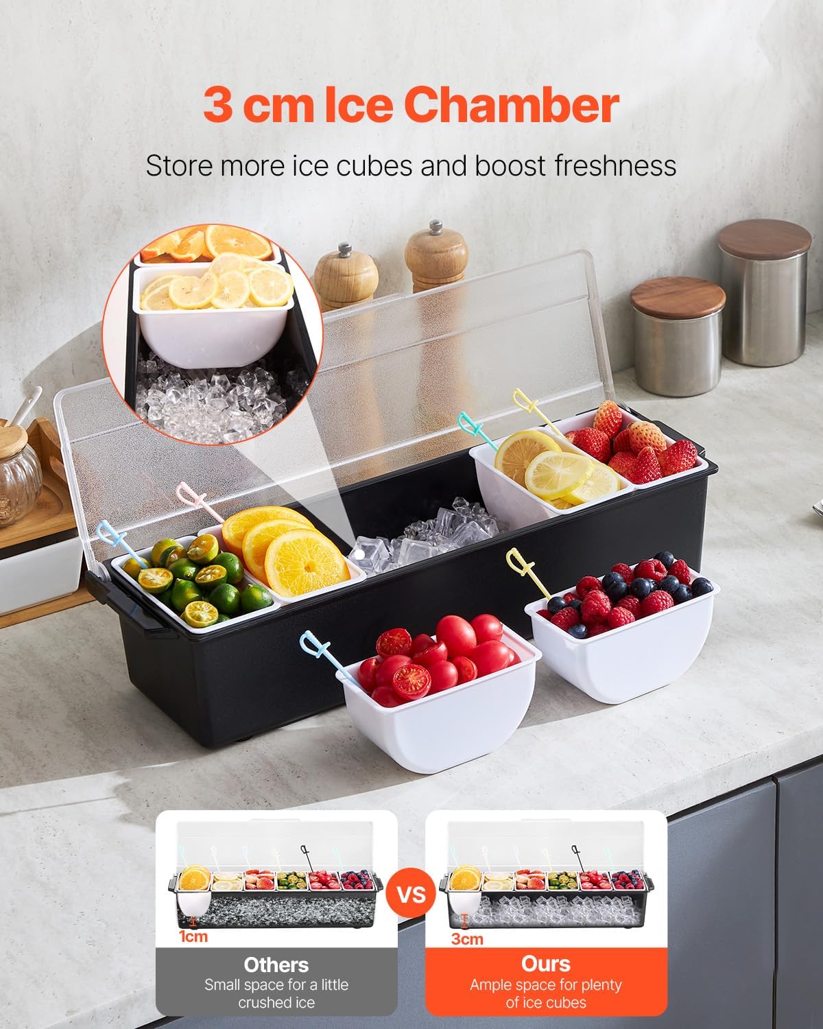 Chilled Condiment Server Caddy, 5 Compartment Ice Cooled Serving Container, Plastic Fruit Garnish Tray Platter with Lid, for Taco Salad Bar Accessories, Party Home Restaurant Supplies