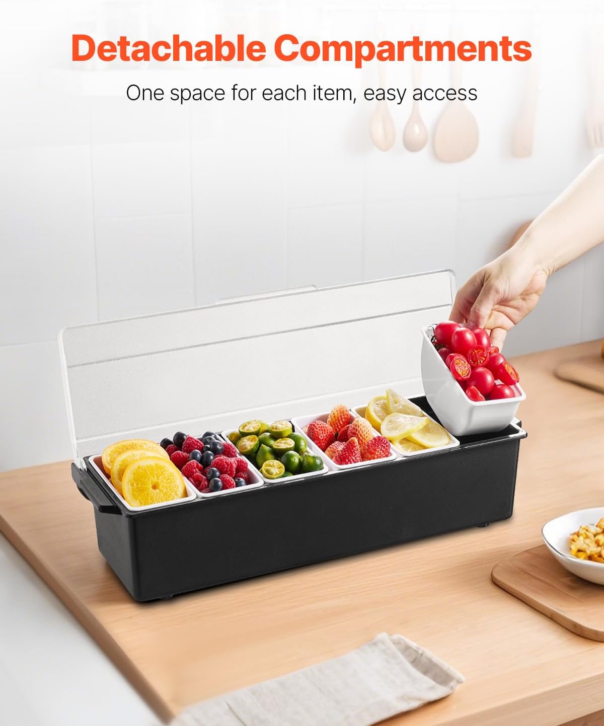 Chilled Condiment Server Caddy, 5 Compartment Ice Cooled Serving Container, Plastic Fruit Garnish Tray Platter with Lid, for Taco Salad Bar Accessories, Party Home Restaurant Supplies