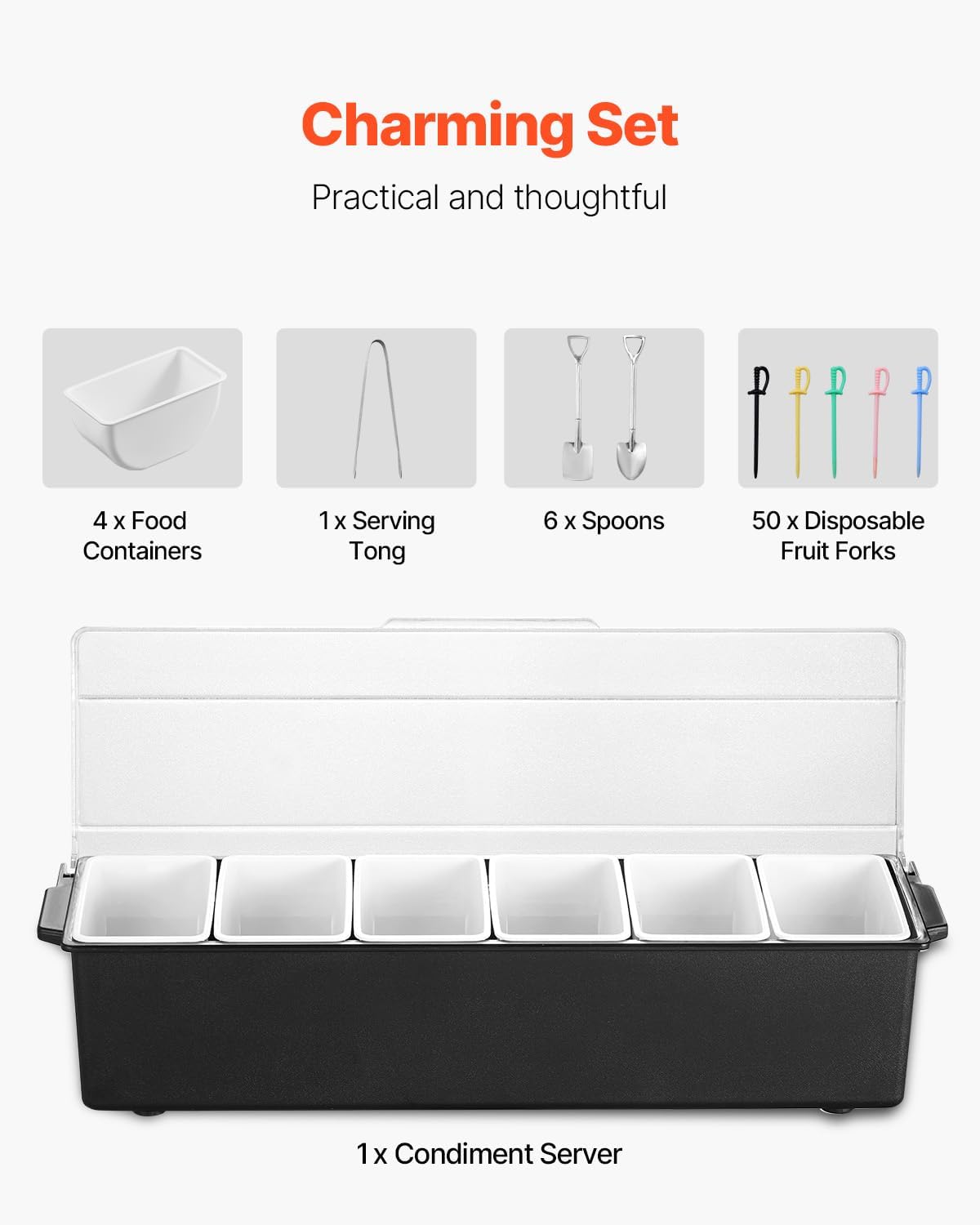 Chilled Condiment Server Caddy, 5 Compartment Ice Cooled Serving Container, Plastic Fruit Garnish Tray Platter with Lid, for Taco Salad Bar Accessories, Party Home Restaurant Supplies